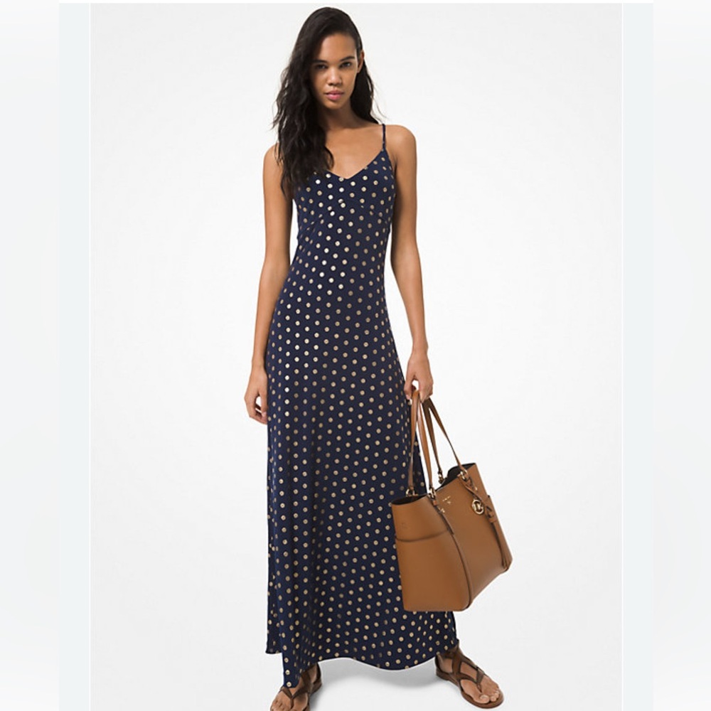 Michael Kors Medallion Foil Print Mayte Jersey Slip Dress Navy & Gold